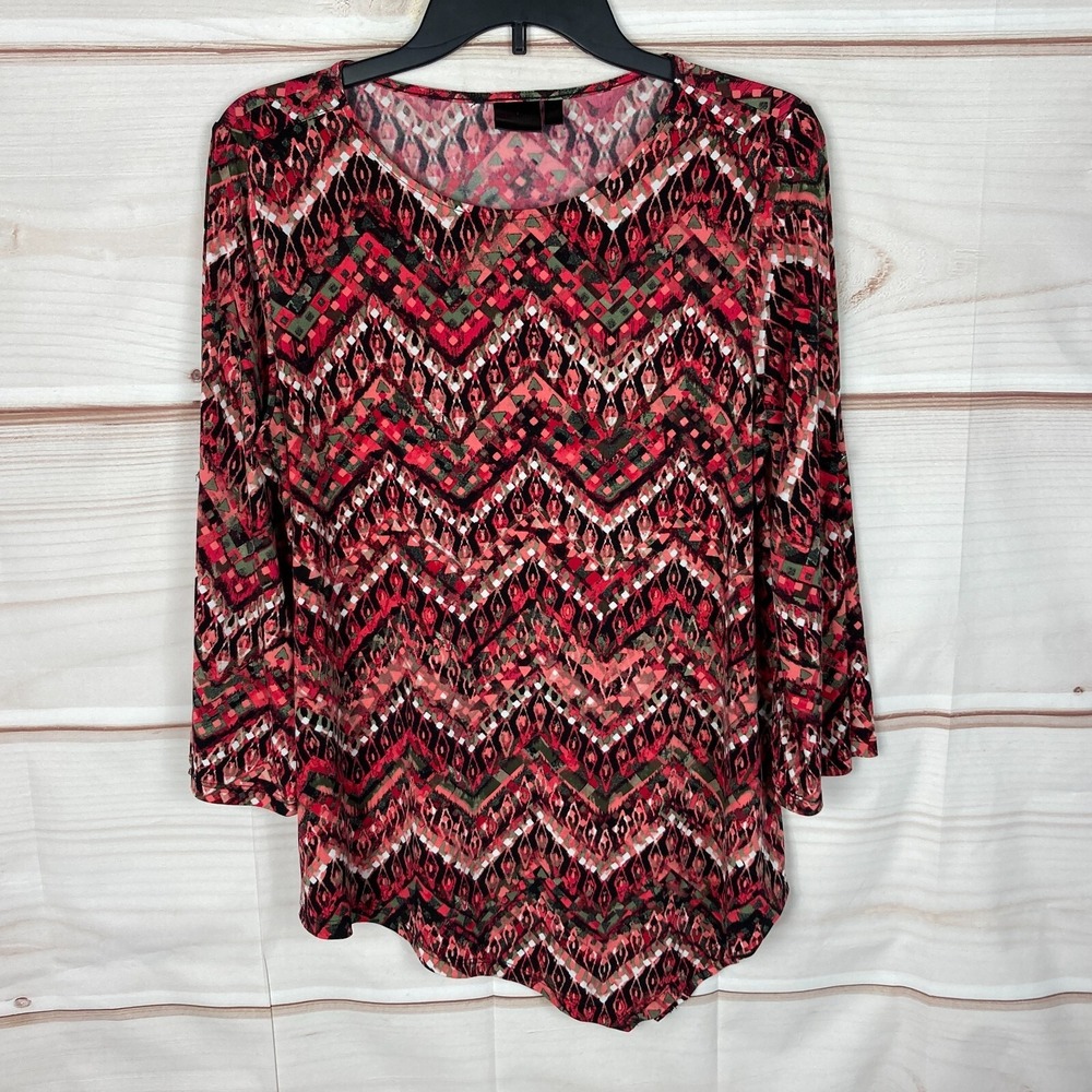 Rafaella Top Womens M Multicolor Chevron Knit Tunic Blouse Round Neck 3/4 Sleeve